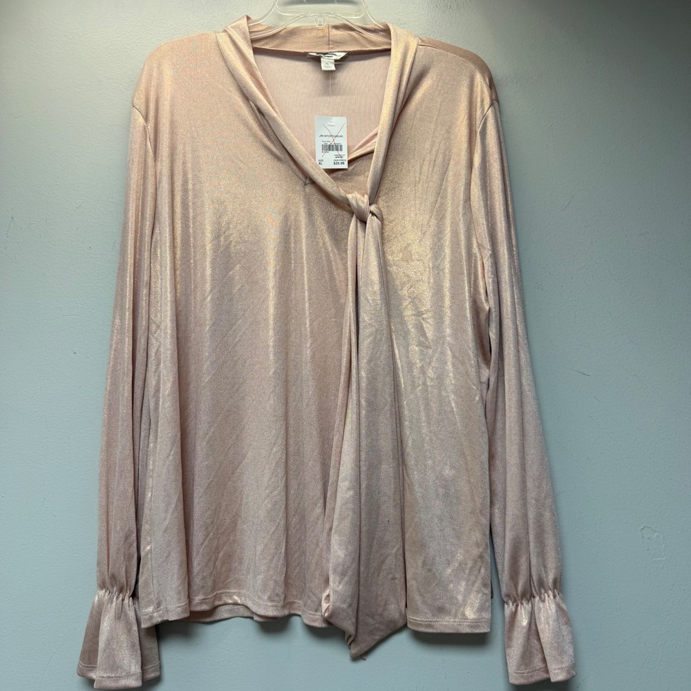 Cato Blouse Womens XL Peach Metallic NWT Tie Neck Ruffle Cuff 15405